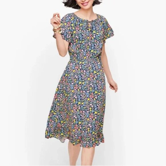 Talbots Midi Dress Flutter Sleeve Floral Coastal Cottage V Neck Tie Size 12 - Picture 2 of 16